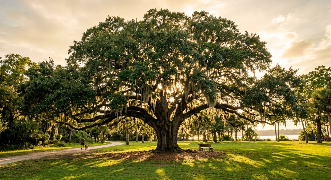 Majestic healthy mature live oak tree with full spreading canopy in a Jacksonvil