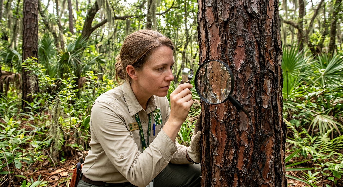 ISA certified arborist examining tree bark closely for signs of disease or pest 
