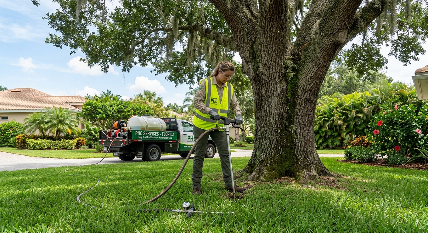 Deep root fertilization treatment being applied to a large shade tree by a plant