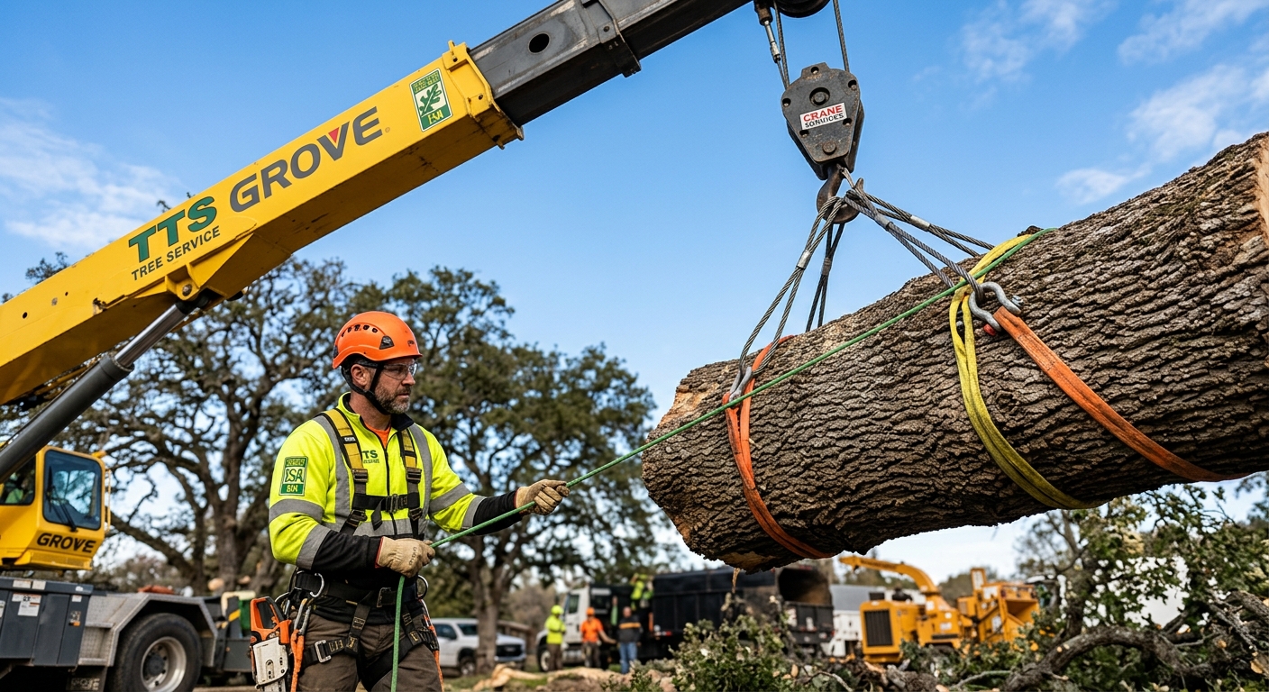 Professional crane rigging for large tree removal in Jacksonville FL