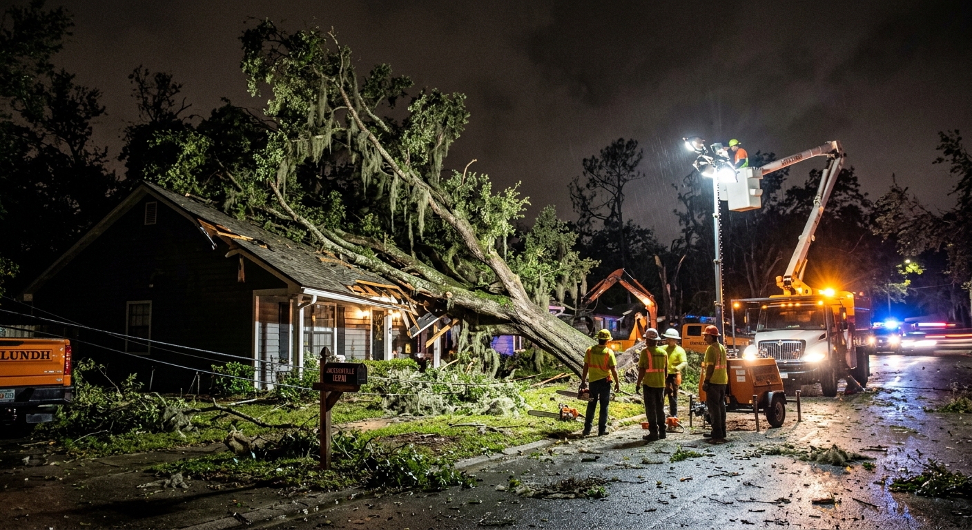 Large live oak tree fallen across a Jacksonville Florida home roof after a sever
