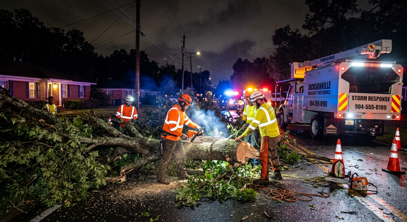 Emergency tree service crew with chainsaws working at night to clear a storm-fal