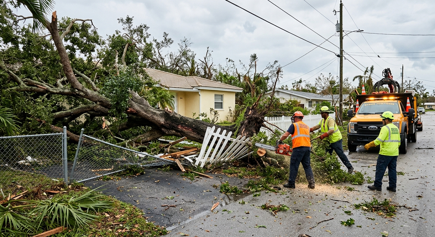 Hurricane aftermath: massive tree crushing a fence and blocking a Florida drivew