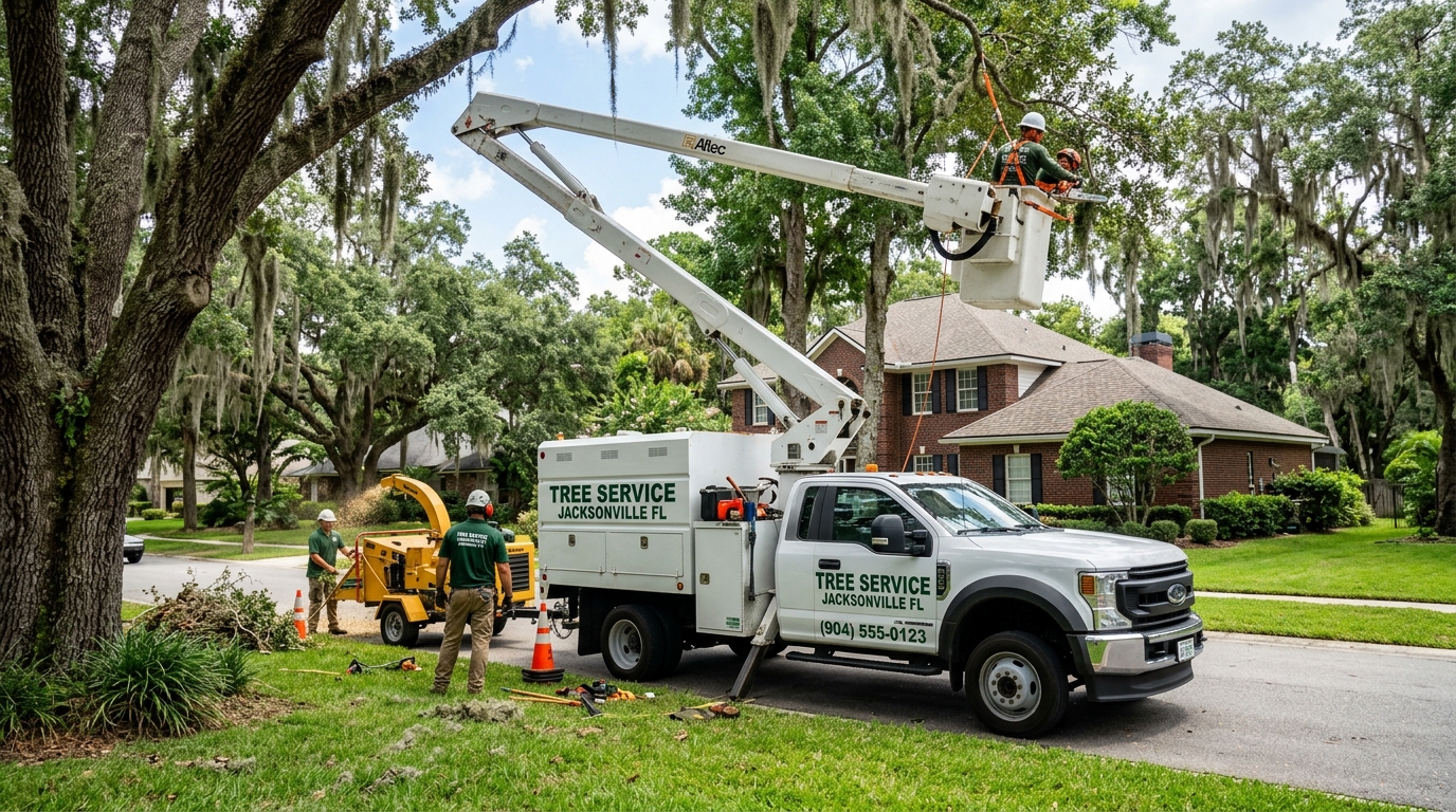 Professional tree service crew with branded truck removing large oak tree in Jacksonville FL residential neighborhood