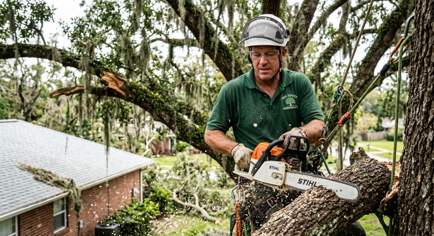 ISA-certified arborist safely removing dangerous storm-damaged tree near Jacksonville home with professional equipment