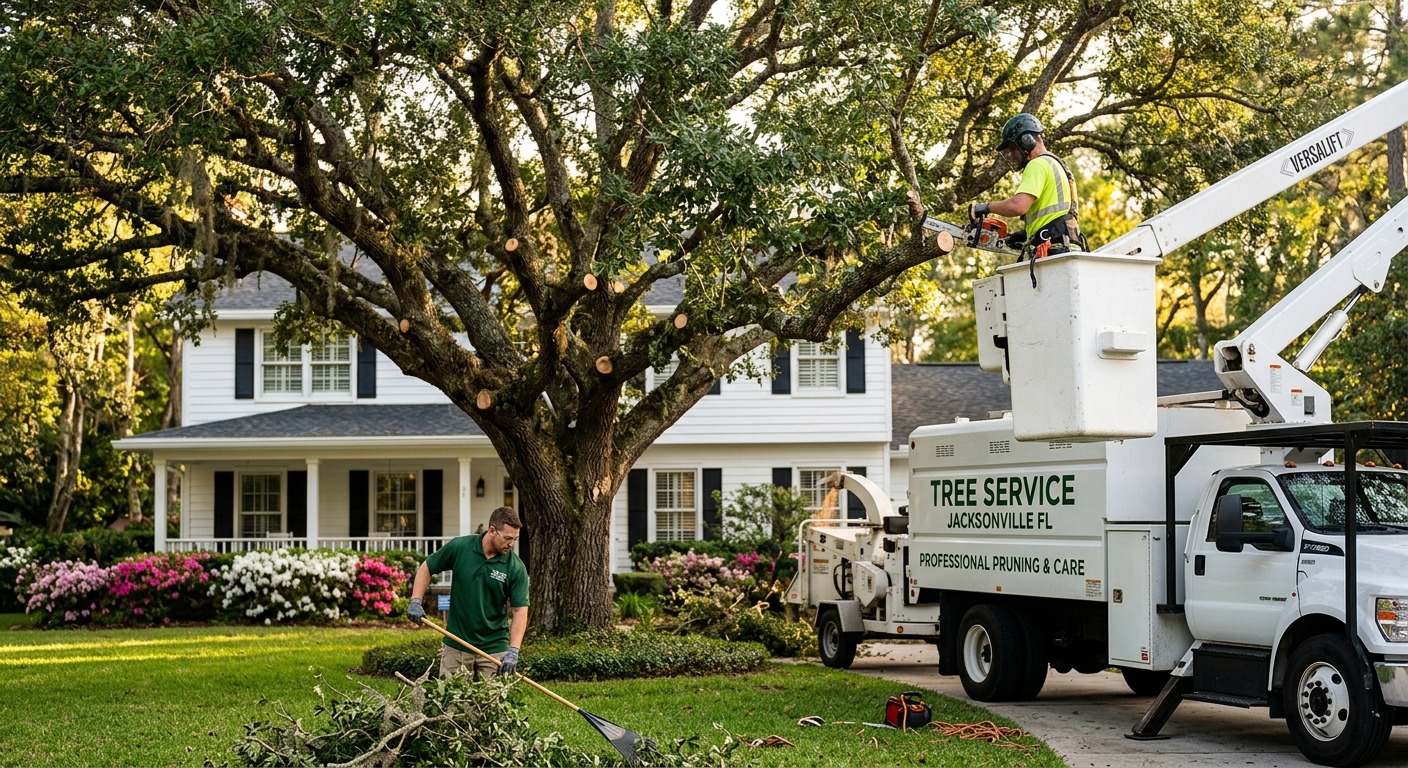 Professional tree trimming and pruning service maintaining large oak tree at Jacksonville Florida residence