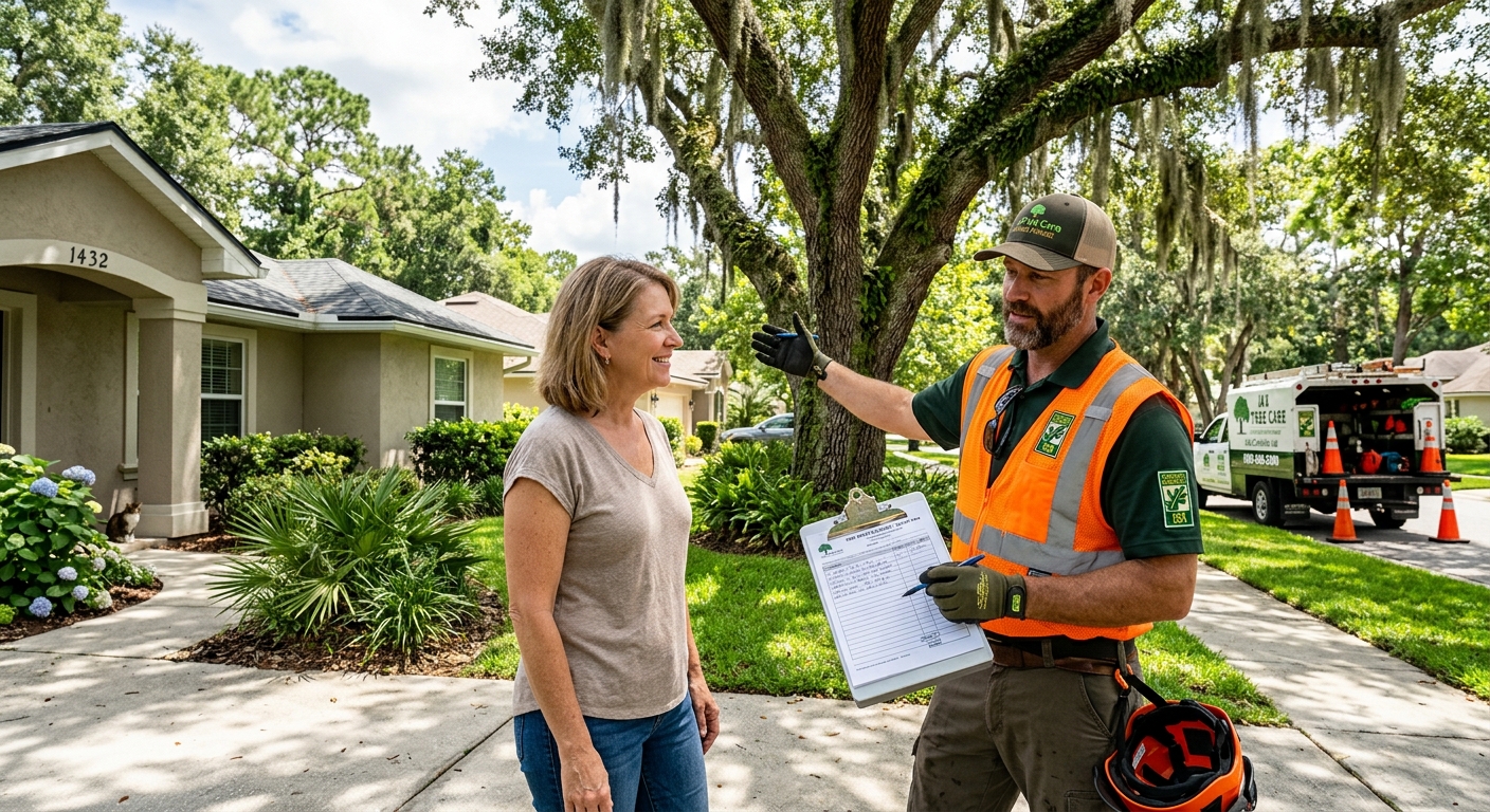 Professional ISA certified arborist in safety vest holding clipboard giving a fr