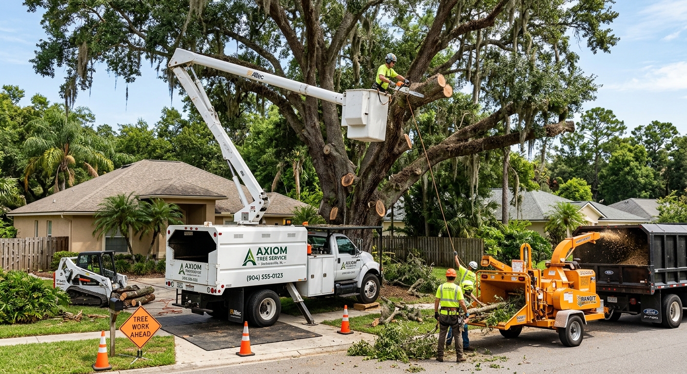 Tree service crew with bucket truck and chipper performing large live oak remova