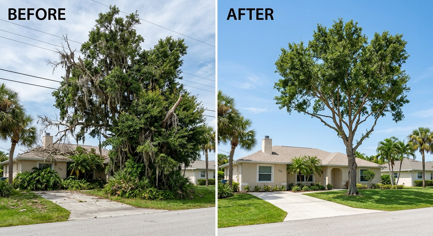 Before and after comparison: overgrown dangerous tree next to a house versus cle