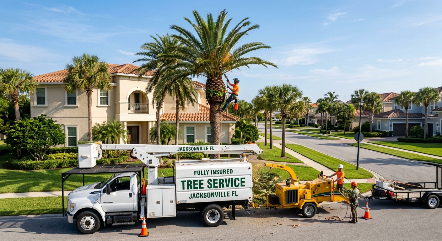 Professional palm tree trimming crew working on tall date palm in Jacksonville Beach FL with branded bucket truck