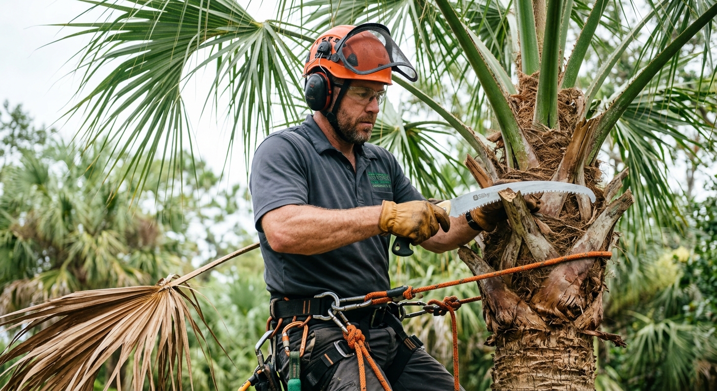 Certified arborist in safety gear carefully trimming dead palm frond with proper pruning technique Jacksonville Beach