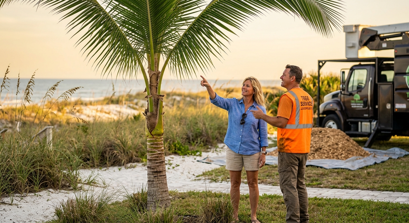Satisfied Jacksonville Beach homeowner with tree service professional viewing beautifully trimmed coconut palm tree