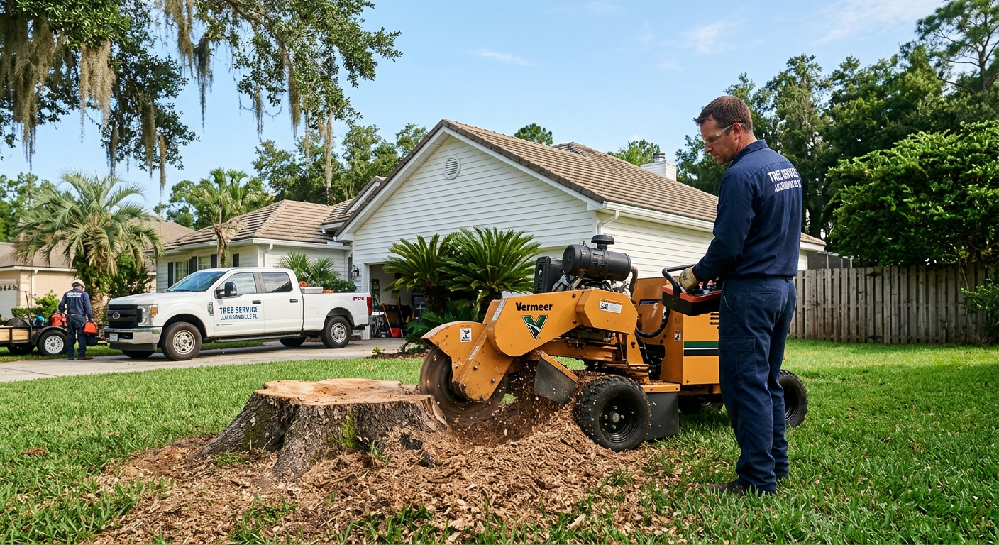 Professional stump grinding service in Jacksonville FL yard with commercial equipment and branded truck