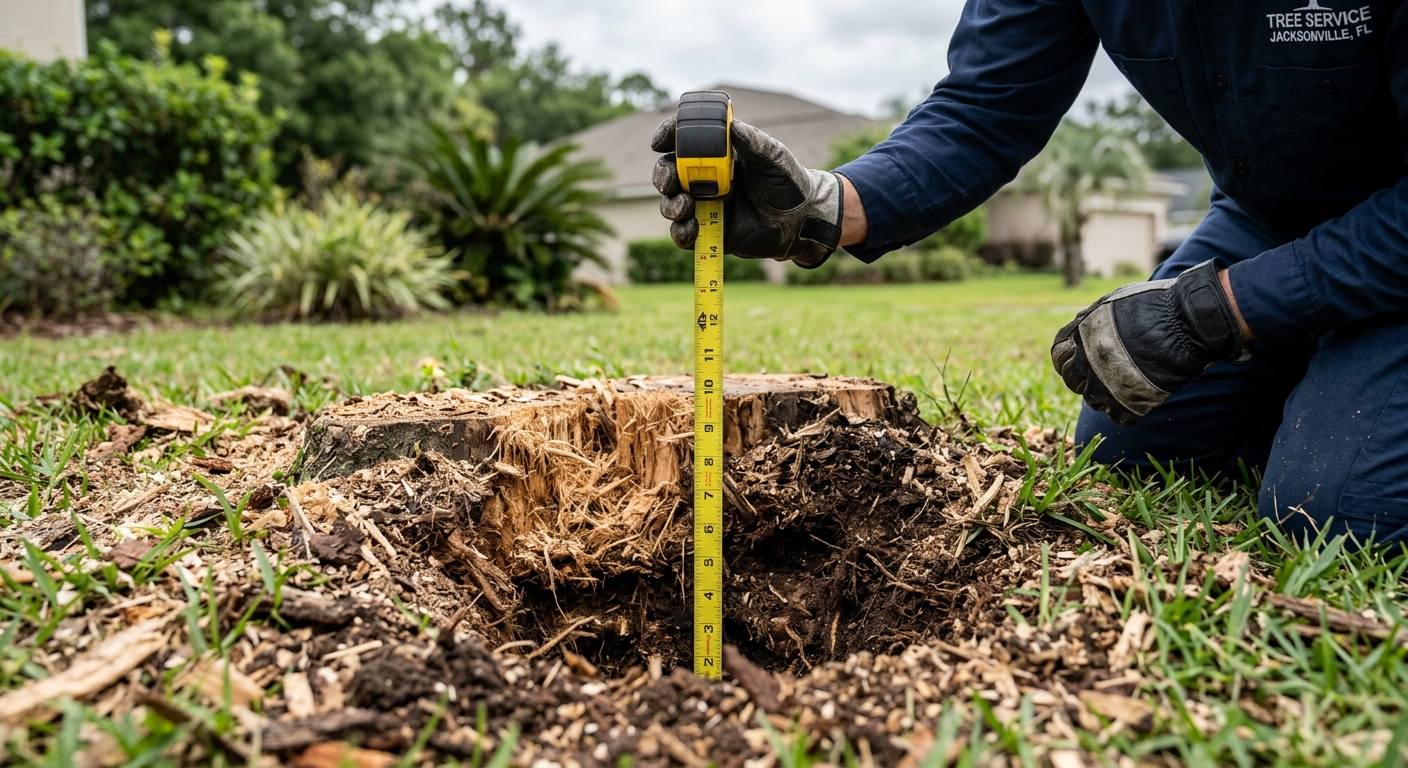 Stump grinding depth measurement showing 14 inches below ground in Jacksonville FL