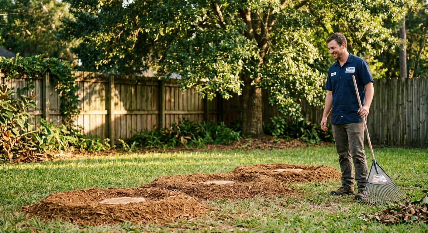 Three completed stump grinding sites mulched and leveled in Jacksonville FL residential yard