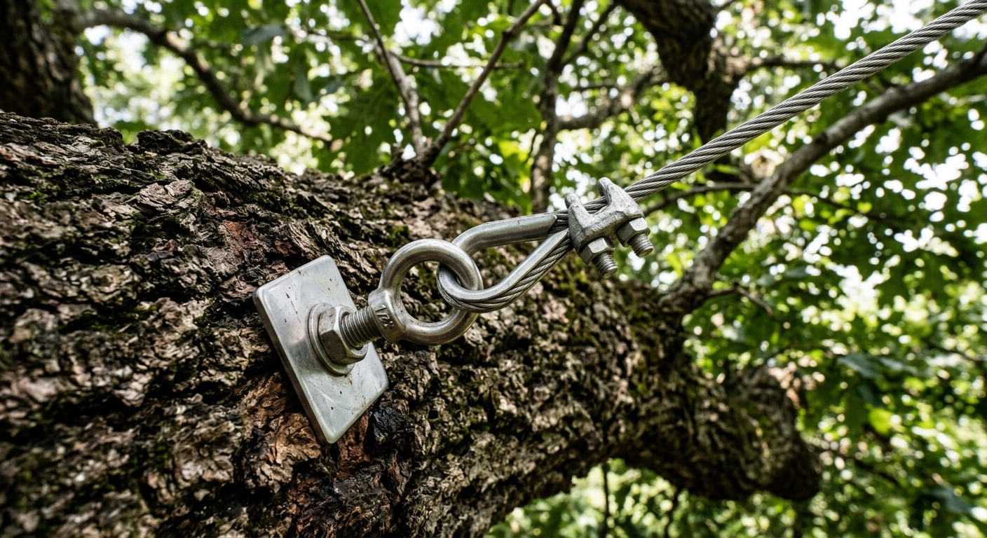 Professional tree cabling hardware installed on Jacksonville oak tree