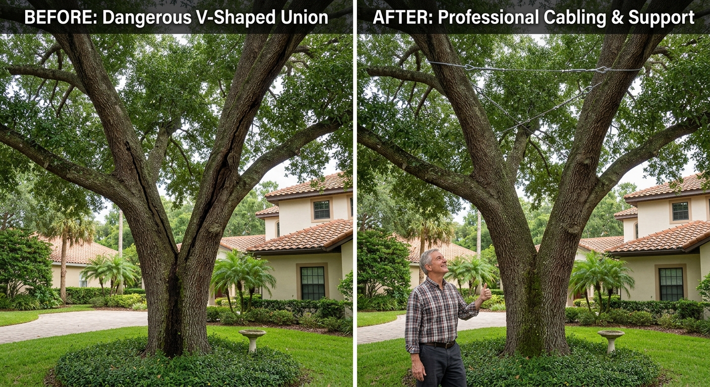 Tree cabling and bracing result on Jacksonville FL residential oak tree
