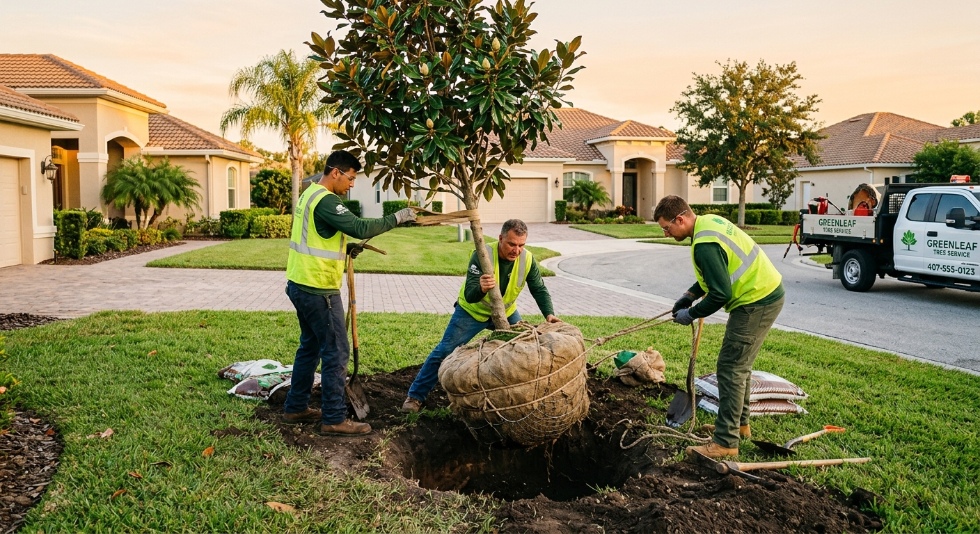 Tree service crew carefully placing a balled-and-burlapped magnolia tree into a 