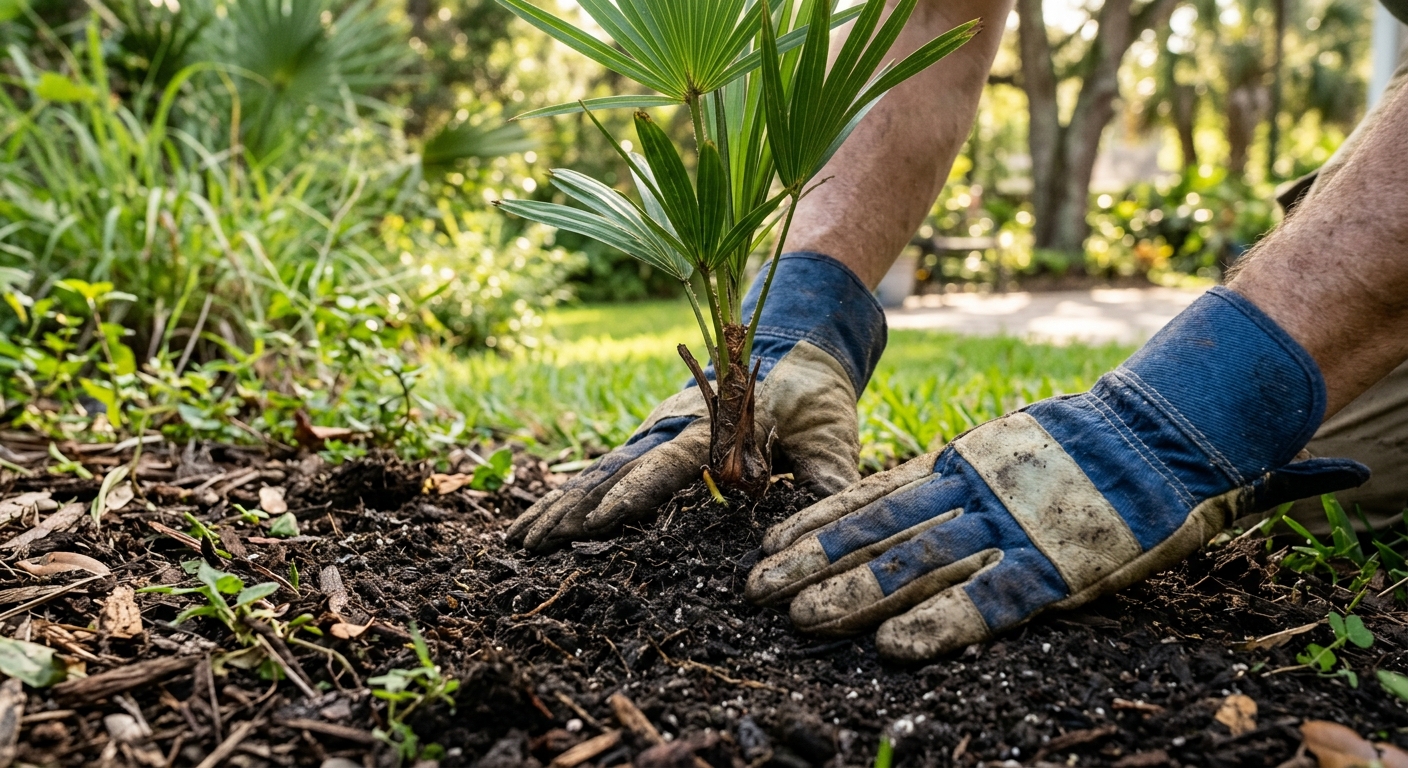 Close-up of gloved hands gently firming soil around a freshly planted native Flo