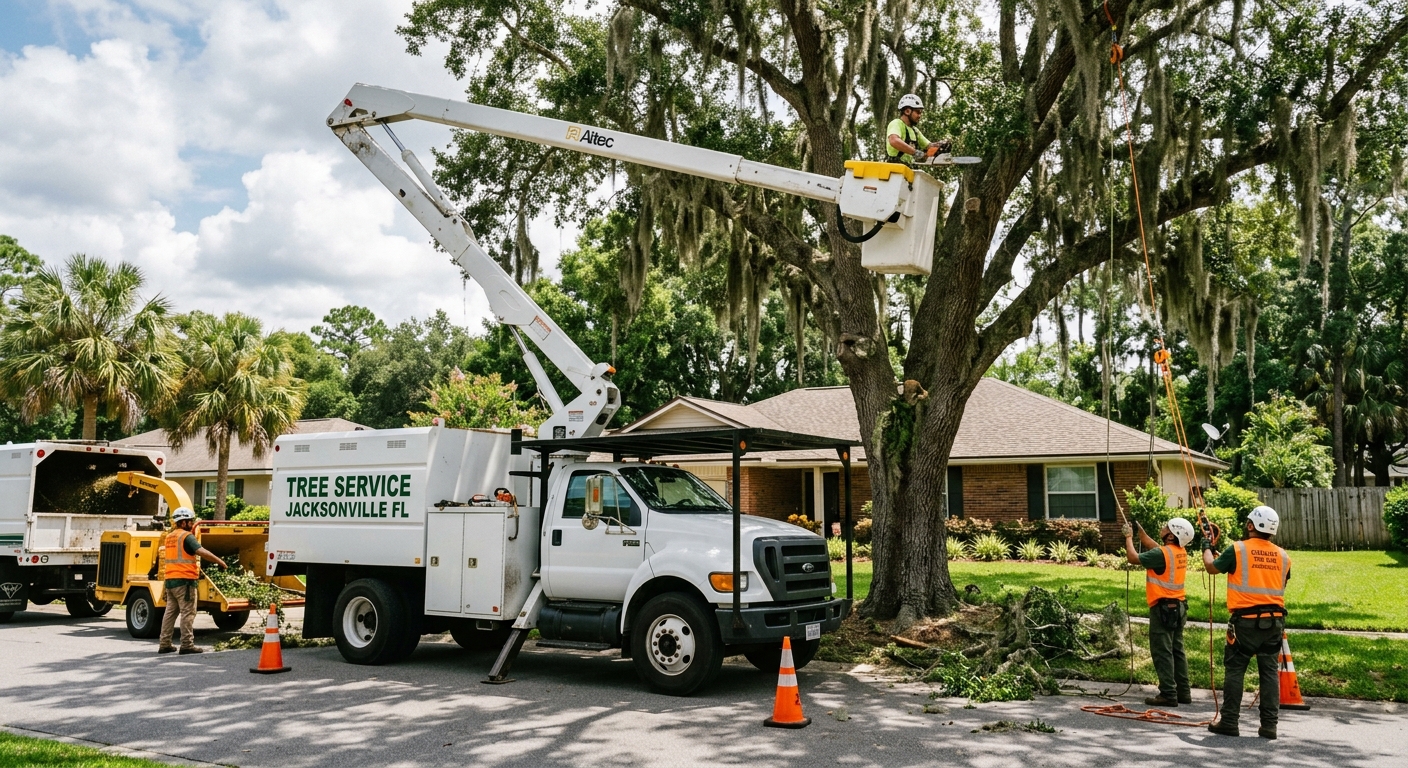 Professional tree removal crew with bucket truck removing large oak tree in Jacksonville FL residential neighborhood