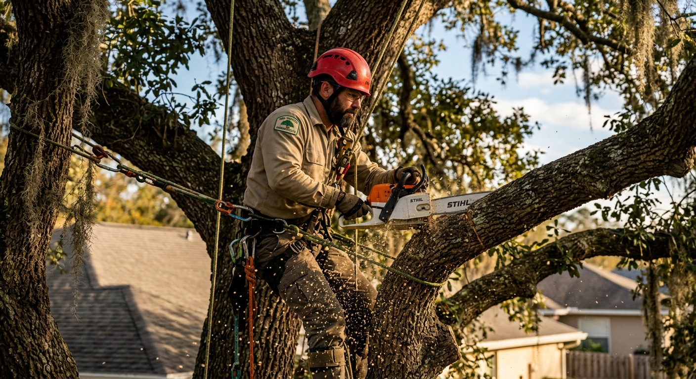 Licensed arborist safely cutting large oak tree branch with professional chainsaw equipment in Jacksonville