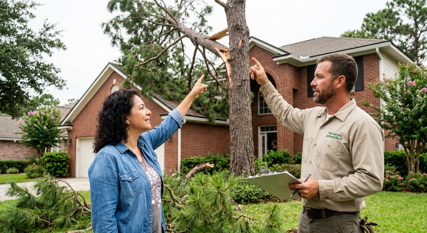 Tree service expert consulting with Jacksonville homeowner about storm-damaged pine tree removal near home