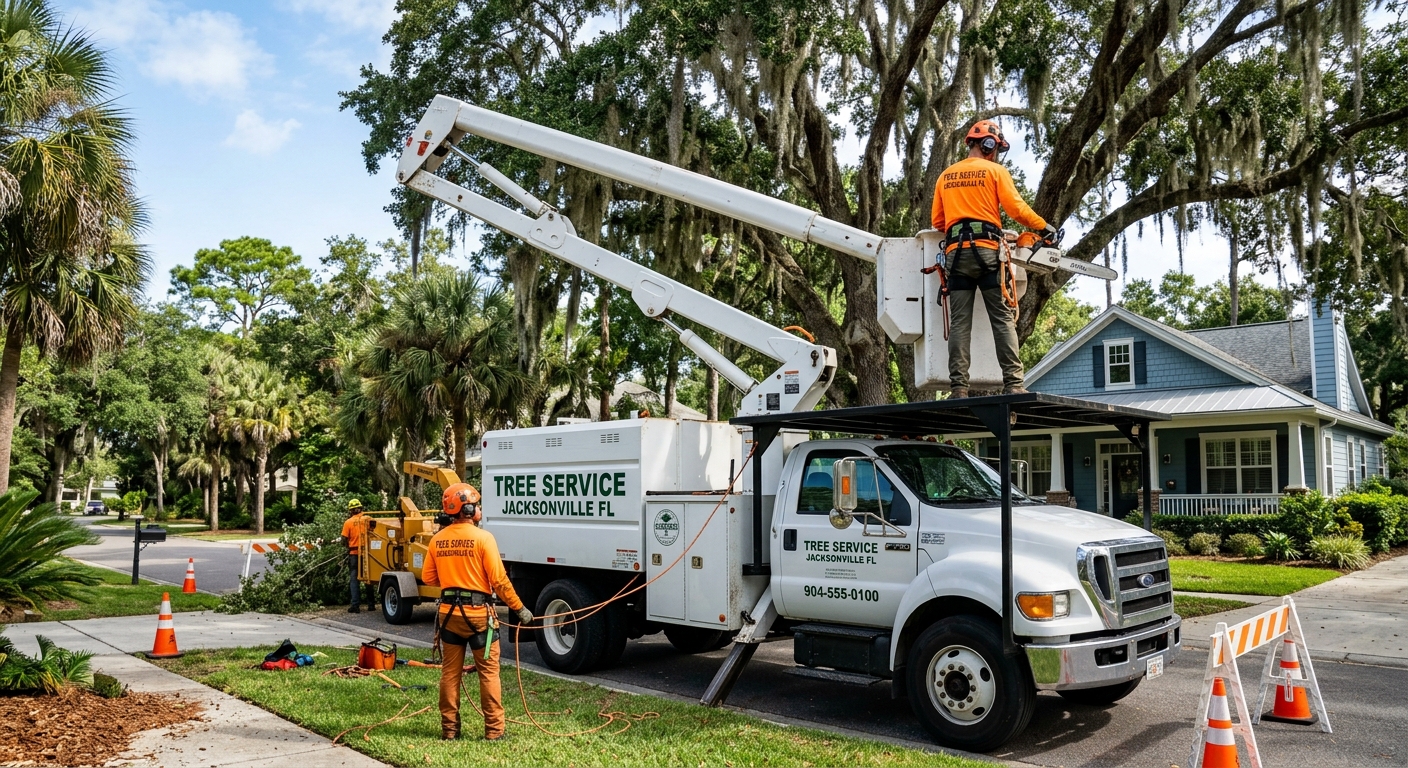 Tree service Jacksonville FL crew working in Fernandina Beach with bucket truck and certified arborists