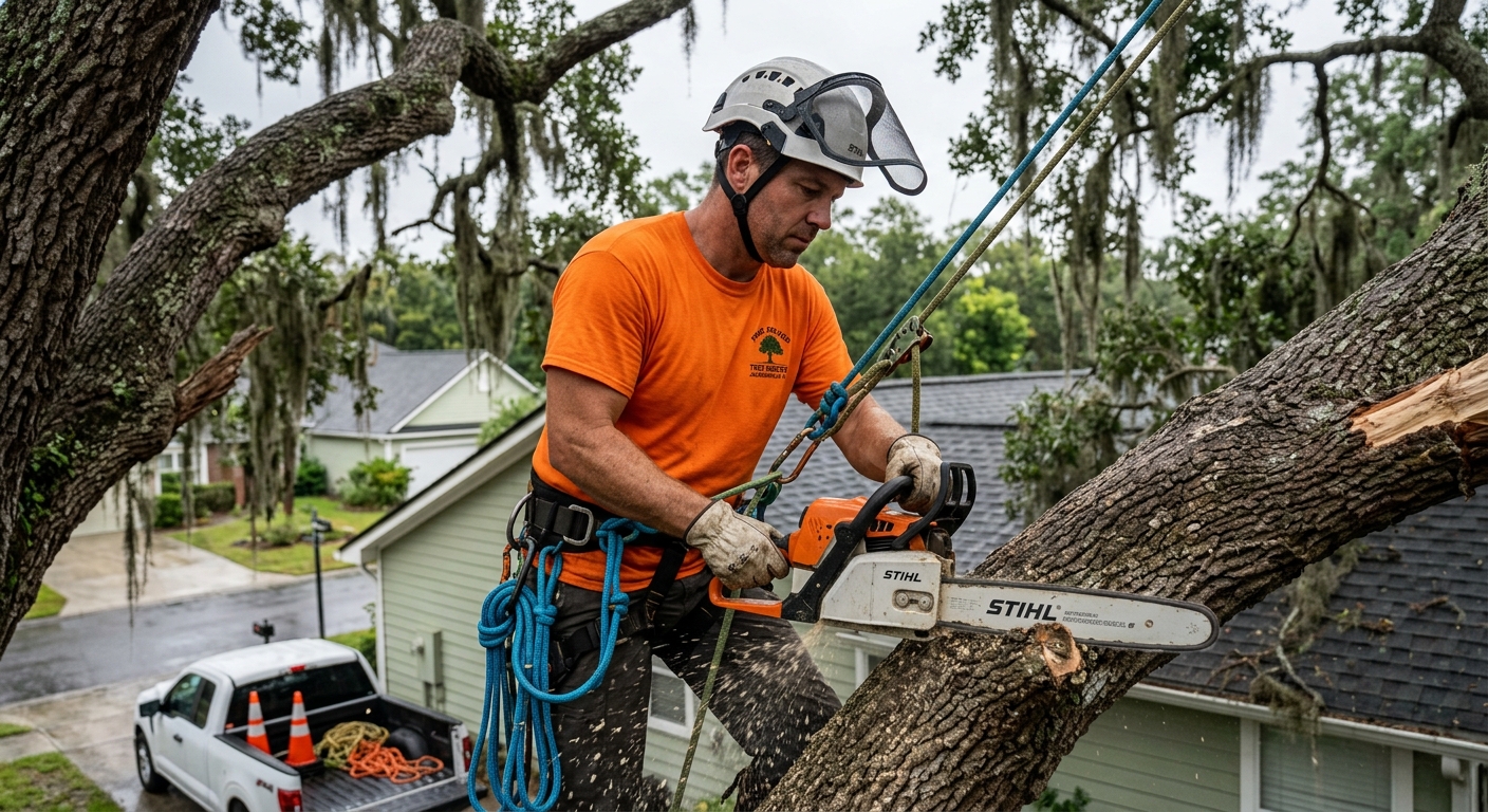 Emergency tree removal Fernandina Beach FL - certified arborist removing storm-damaged oak from roof