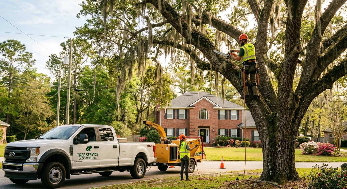 Professional tree service crew removing large oak tree in Green Cove Springs FL with branded truck and equipment