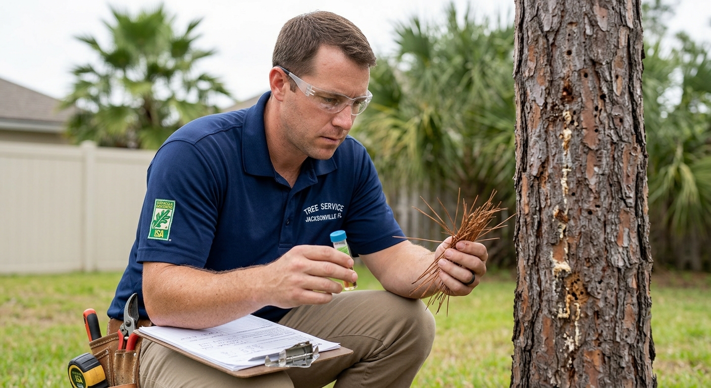 ISA certified arborist inspecting diseased pine tree for professional treatment in Green Cove Springs