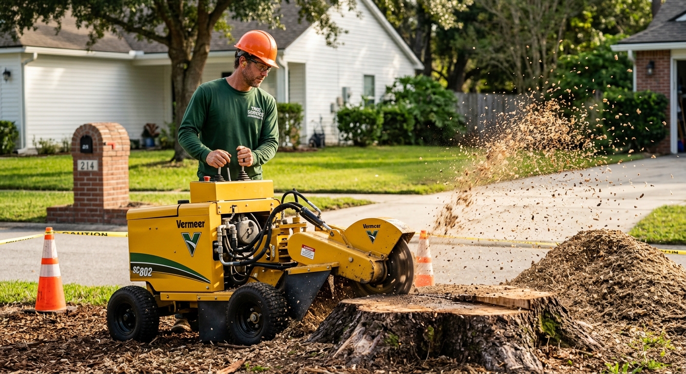 Professional stump grinding service removing large oak stump in Green Cove Springs residential yard