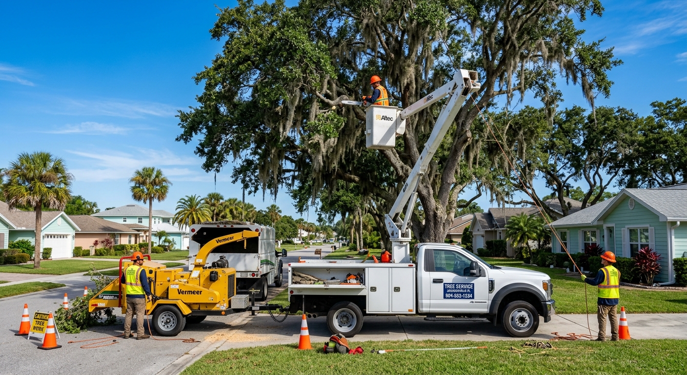 Professional tree removal crew with equipment serving Jacksonville Beach FL neighborhoods