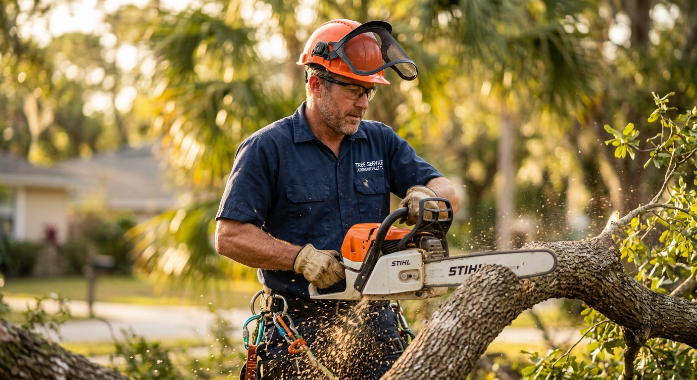 Certified arborist safely removing large tree branch in Jacksonville Beach Florida