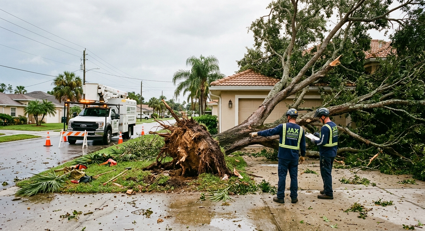 Emergency storm damage tree removal service responding to Jacksonville Beach home