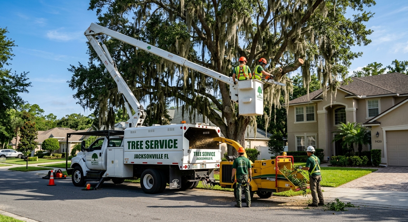 Tree service Orange Park FL crew removing oak tree with professional bucket truck and safety equipment