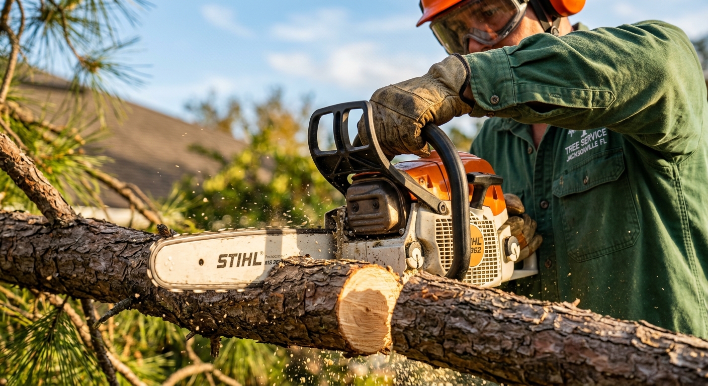 Professional arborist safely cutting tree branch with commercial chainsaw in Orange Park