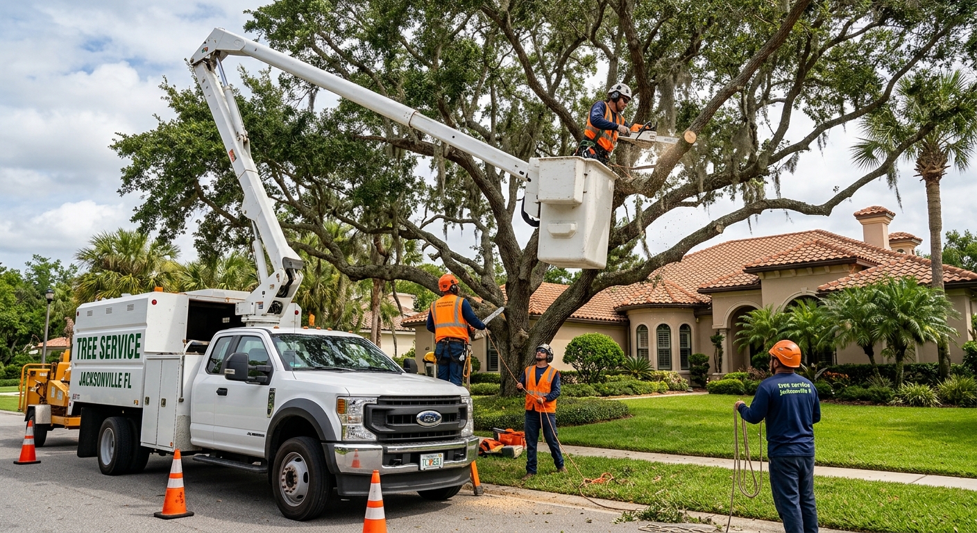 Professional tree service crew in Ponte Vedra FL removing large oak tree with bucket truck and safety equipment