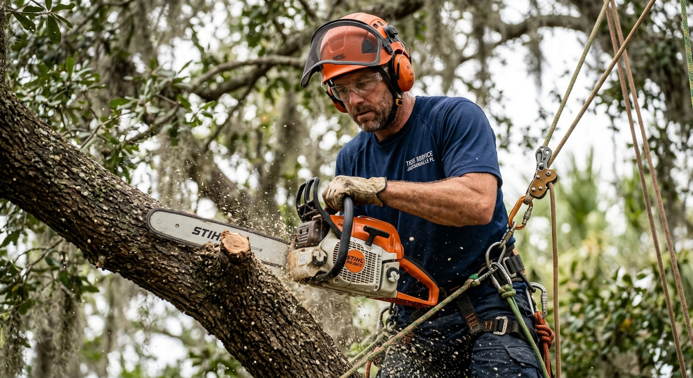 Certified arborist safely pruning oak tree branches in Ponte Vedra FL for storm preparation
