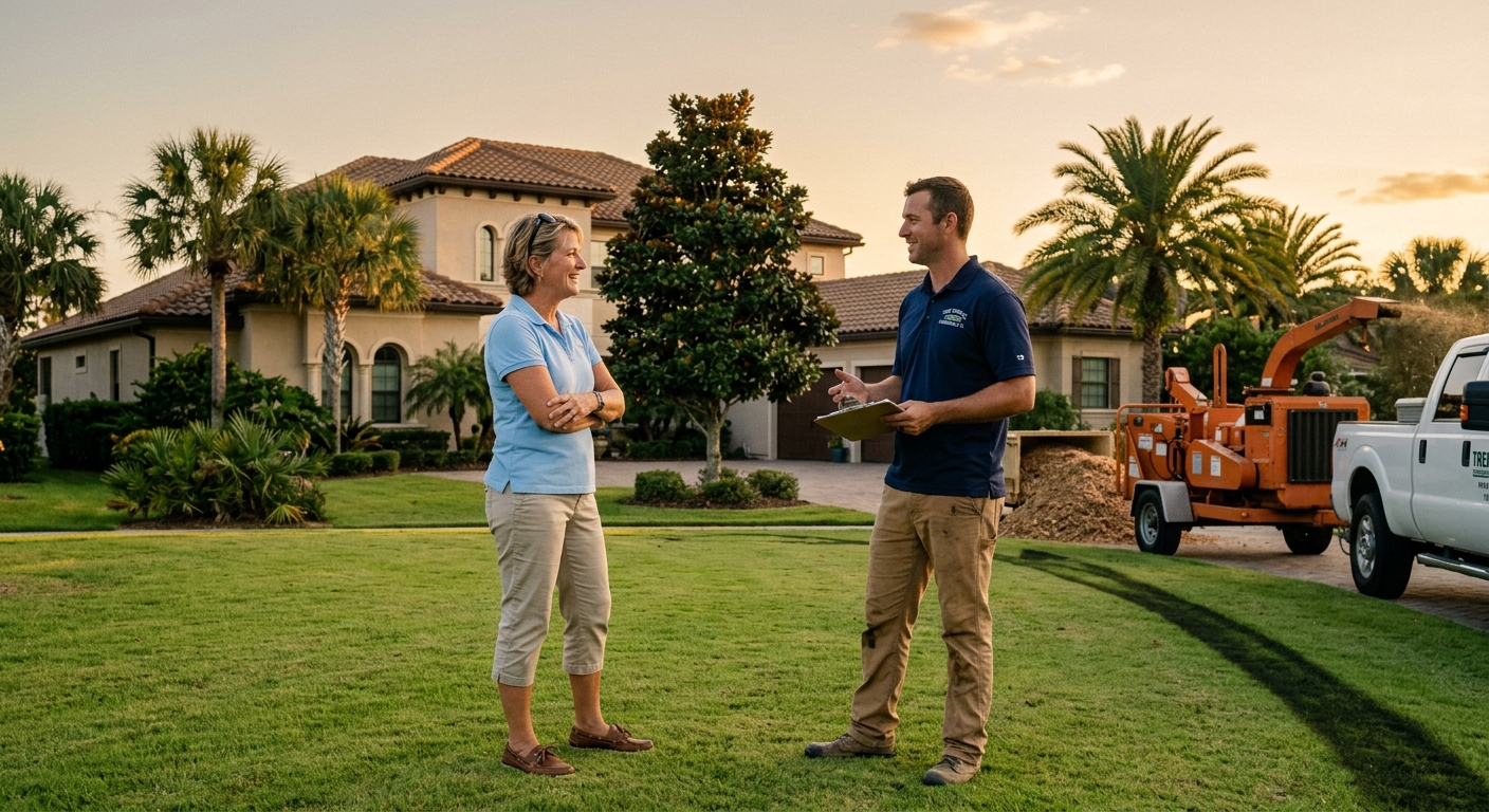 Satisfied Ponte Vedra homeowner consulting with professional tree service technician after pruning completion