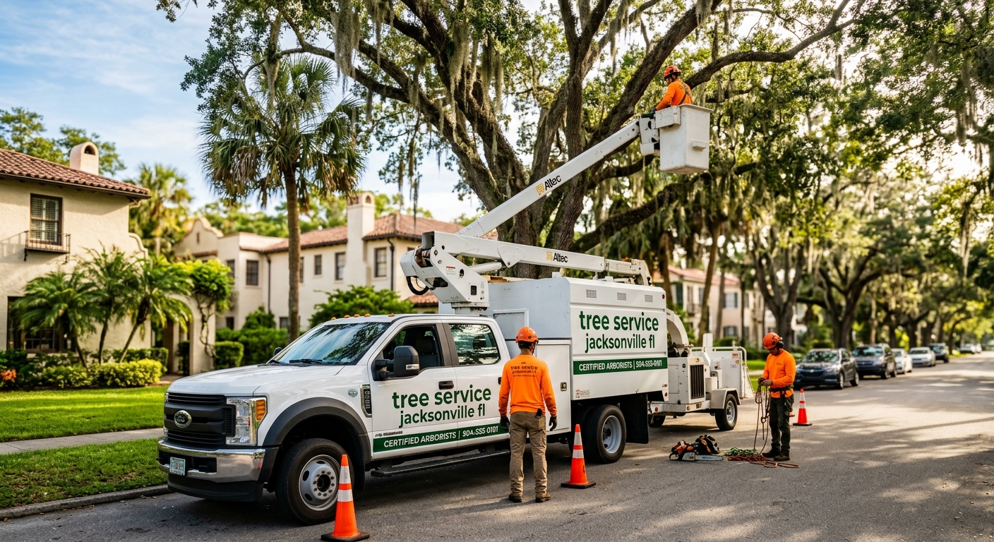 Professional tree service crew with branded truck removing oak tree in historic St Augustine FL neighborhood