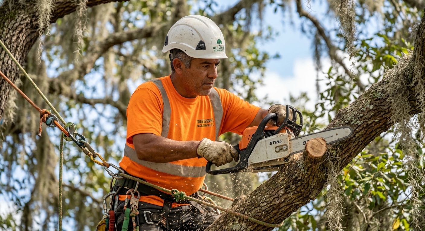 Licensed arborist pruning oak tree canopy with professional chainsaw in St Augustine FL