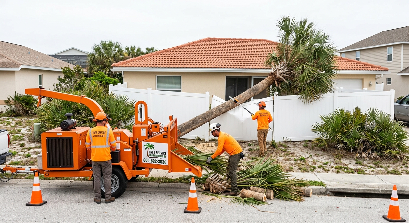 Emergency storm tree removal crew clearing fallen palm tree in St Augustine Beach residential yard
