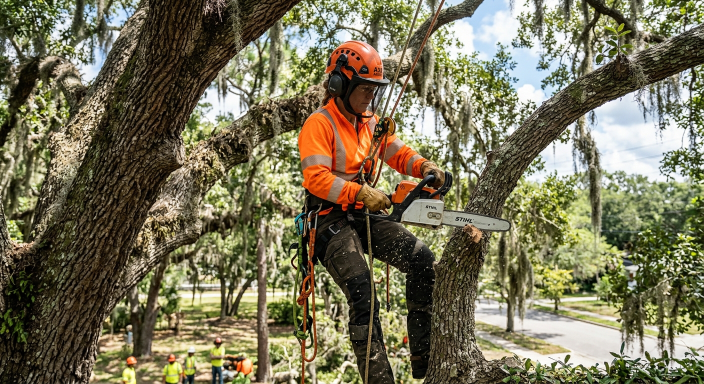 Professional arborist in full safety gear, climbing harness, hard hat and chains