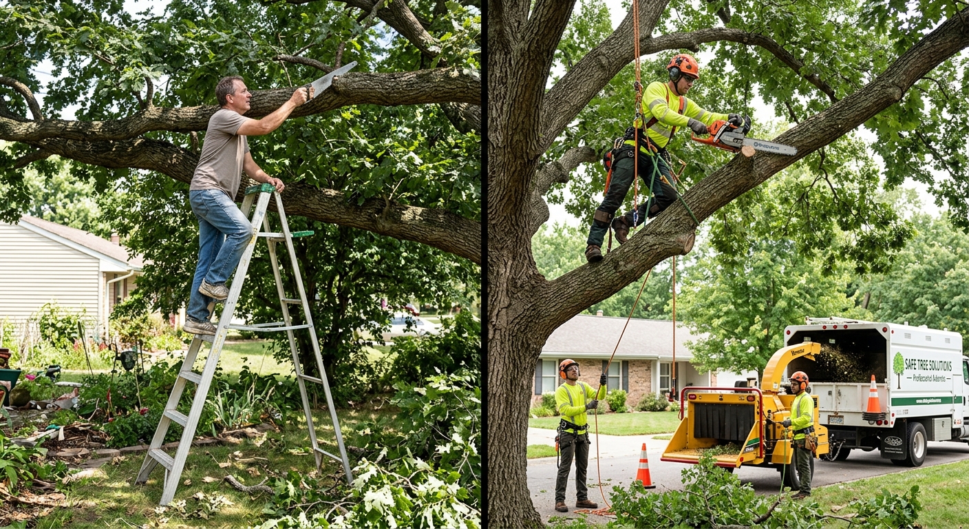 Split scene: left side shows a homeowner unsafely on a ladder attempting tree tr