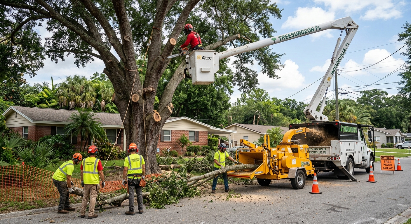 Professional tree service crew with bucket truck, wood chipper, and full safety 