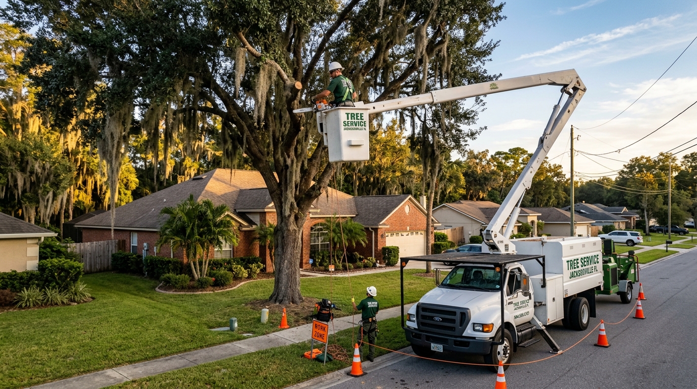 Professional tree trimming service working on live oak in Jacksonville FL residential neighborhood