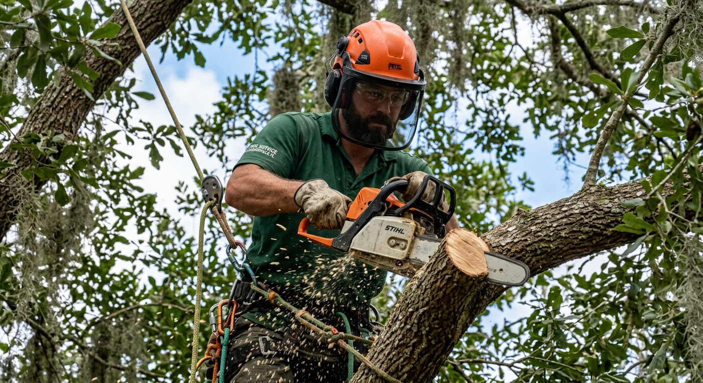 ISA certified arborist trimming oak tree branch with professional chainsaw in Jacksonville FL