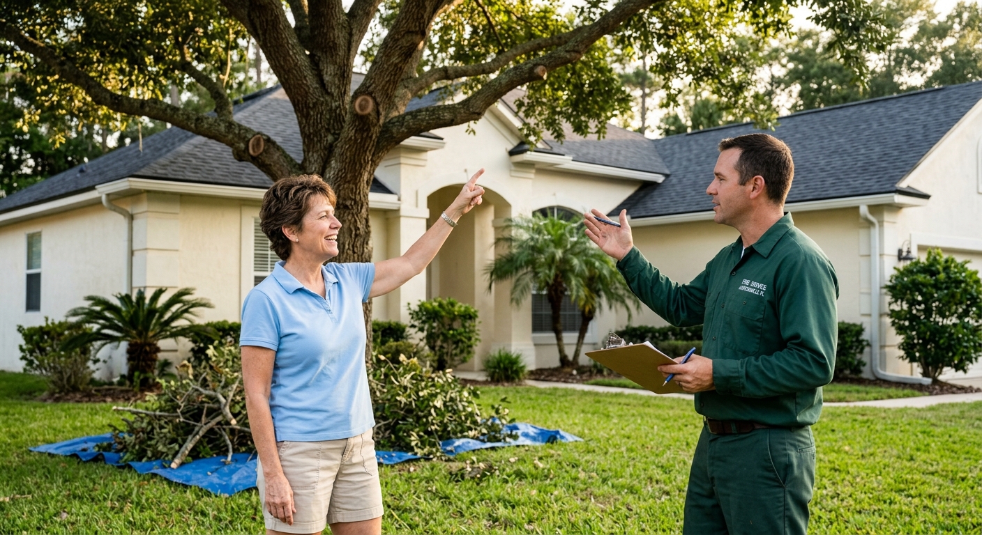 Happy Jacksonville homeowner consulting with tree trimming professional after oak tree service