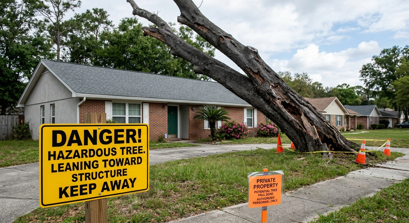 Dangerous large dead tree leaning precariously toward a suburban Jacksonville Fl