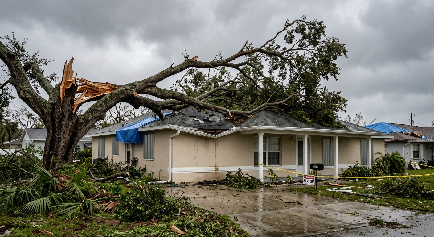 Storm-damaged tree with large broken branch hanging over a Florida house roof af